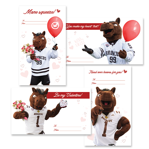 Four Buster valentines designs with Buster in various poses holding balloons, flowers, and a heart shaped box.